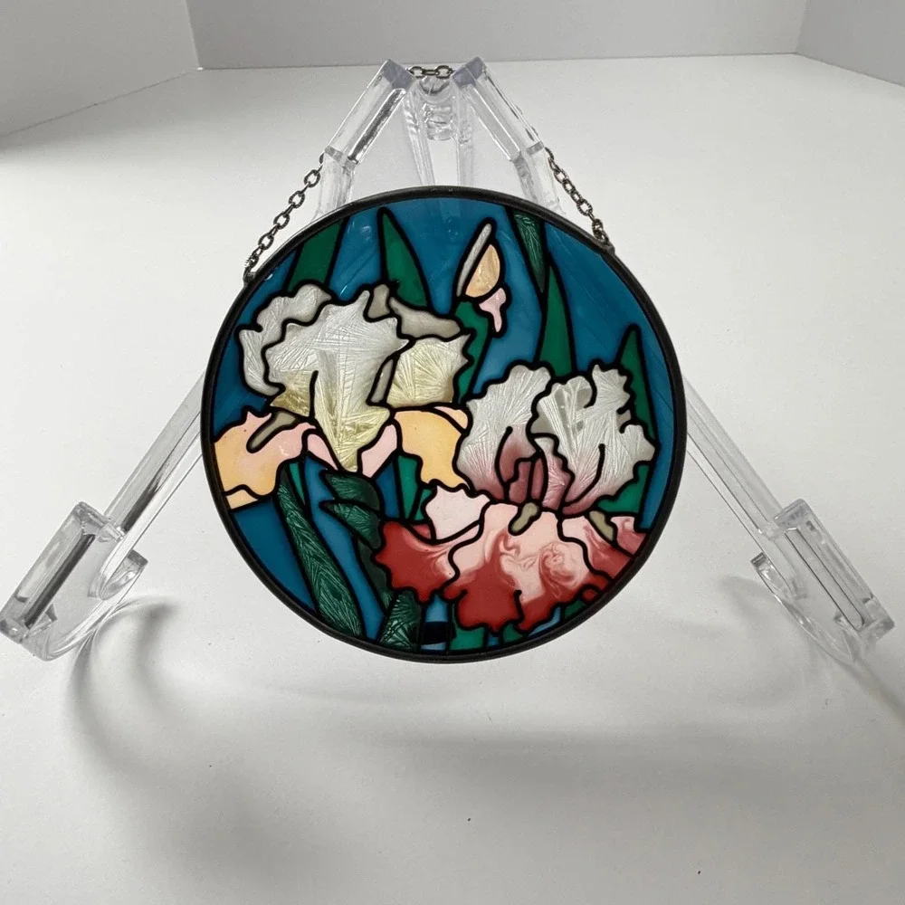 Joan Baker Designs Iris Floral Hand Painted Glass‎ Suncatcher Window Art